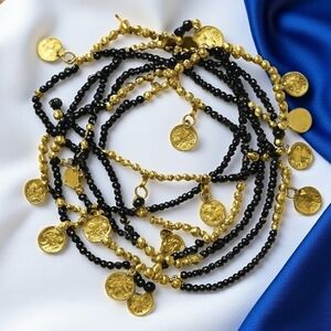 🆕 Handmade Indian Artisan Gold & Black Coin Charm 8-Piece Beaded Bracelet Set